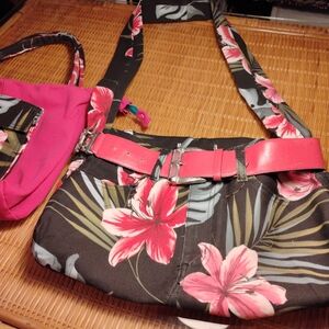 Pink and Black Floral Shoulder Bag with Tropical Design